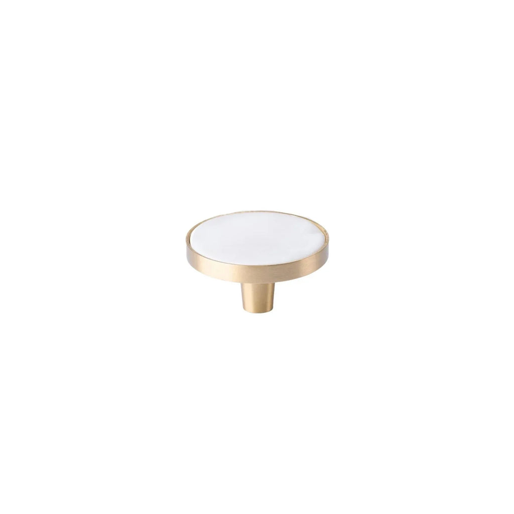 Brass Essence mother of pearl and brass round cabinet knob with elegant, shiny surface and vintage-inspired design.