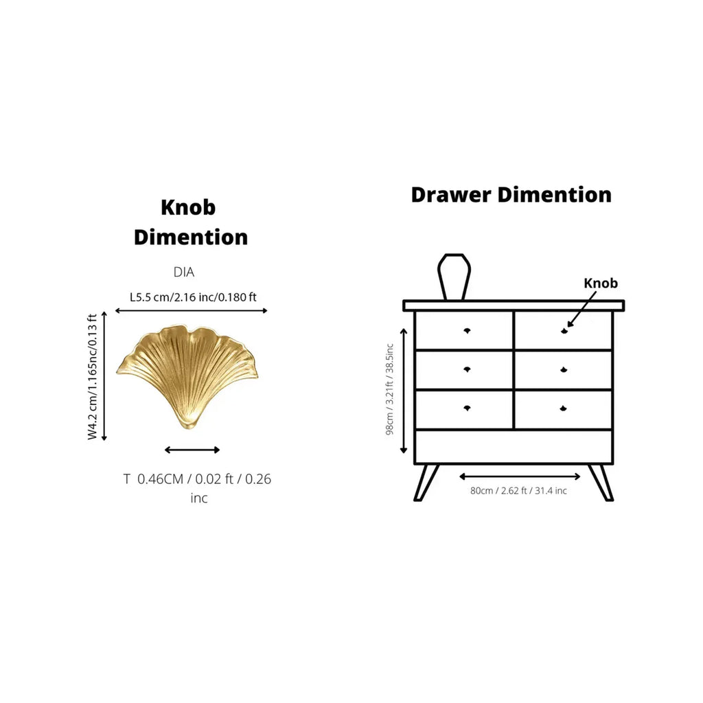 Ginkgo Leaf Solid Brass Cabinet Knob | Glossy Gold