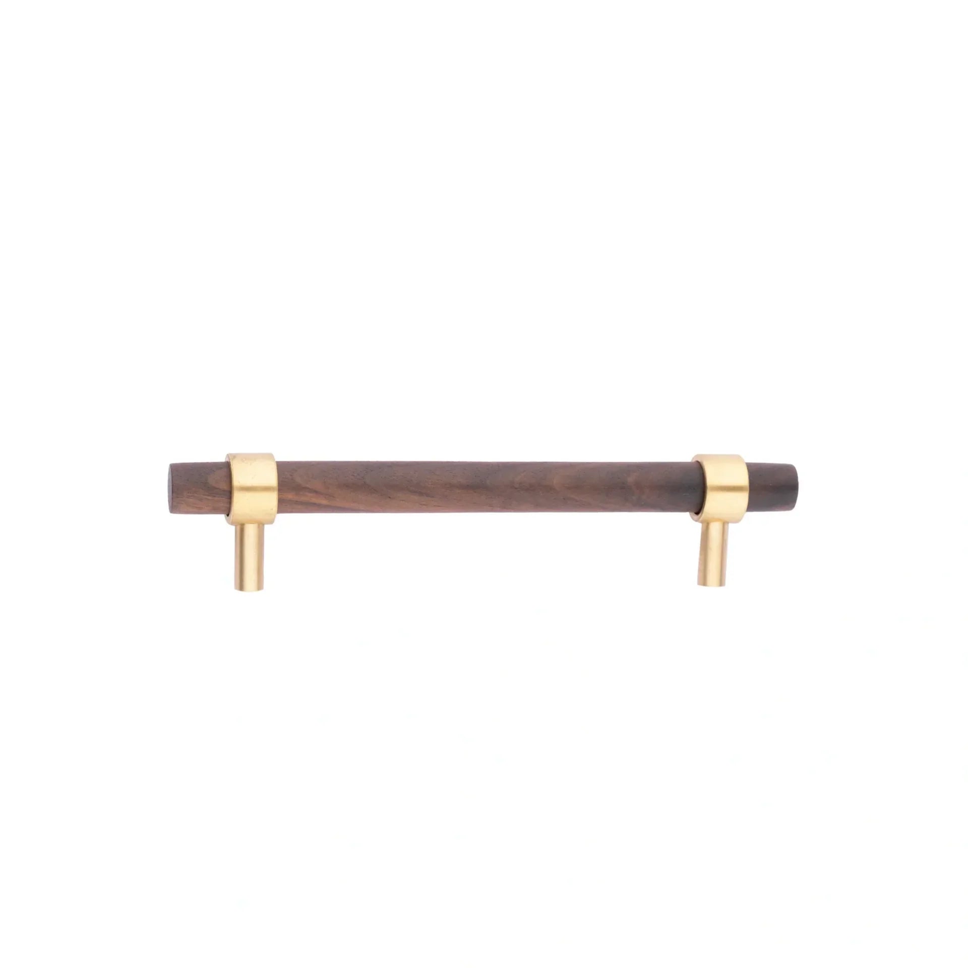 Walnut and brass T-Bar handle from Brass Essence collection, showcasing a sleek wood and metal design for furniture or cabinetry.