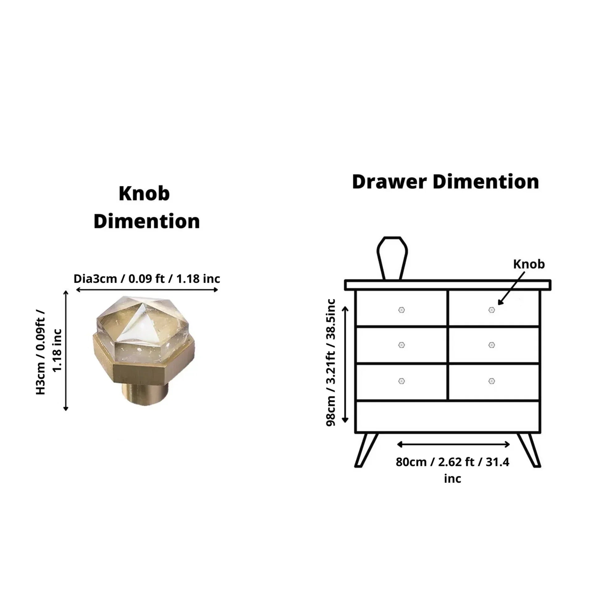 Natural Crystal Hexagon Brass Cabinet Knob | Luxury Crystal Knob
