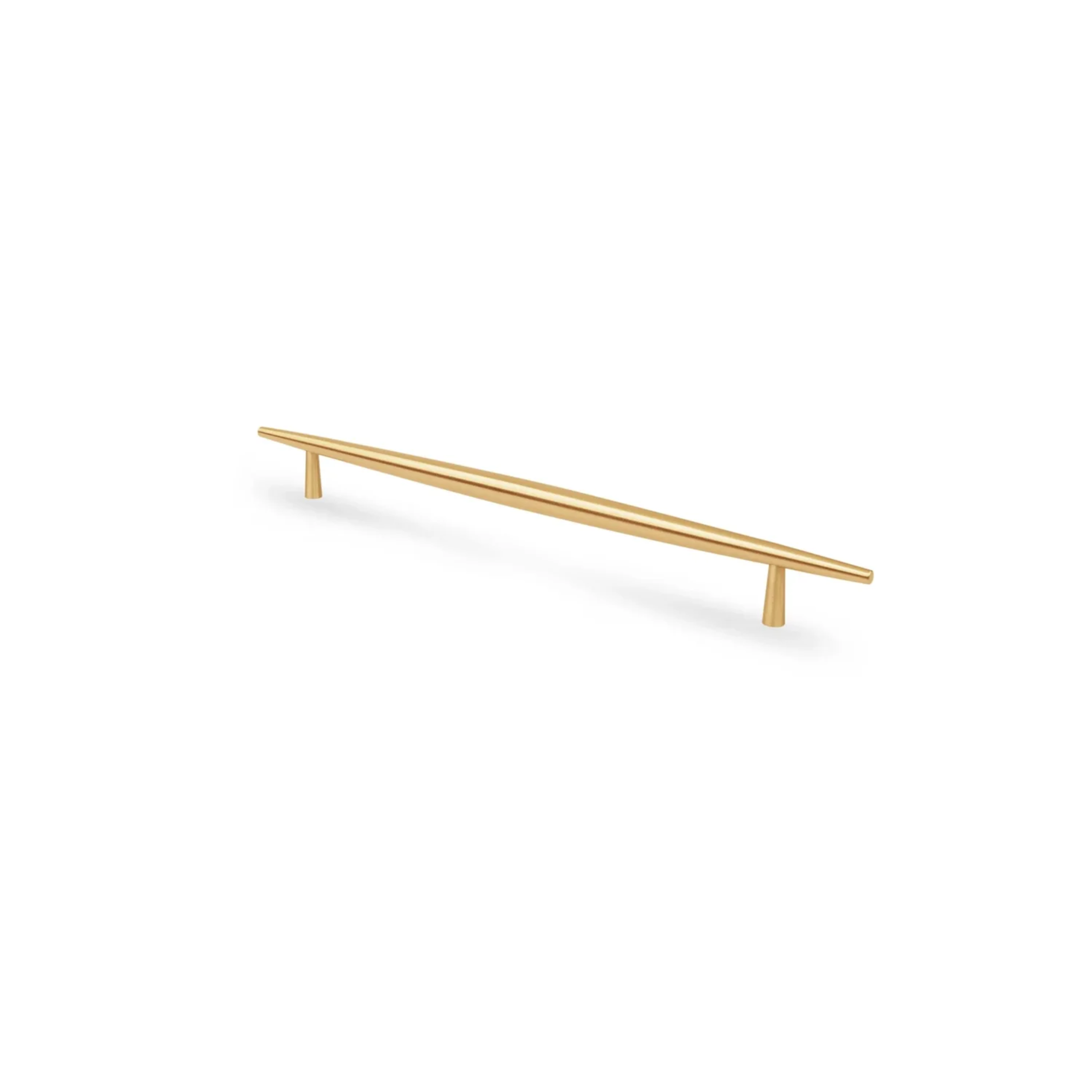 Tapered brass cabinet pull from Brass Essence featuring a spindle design, ideal for drawers and cabinets.
