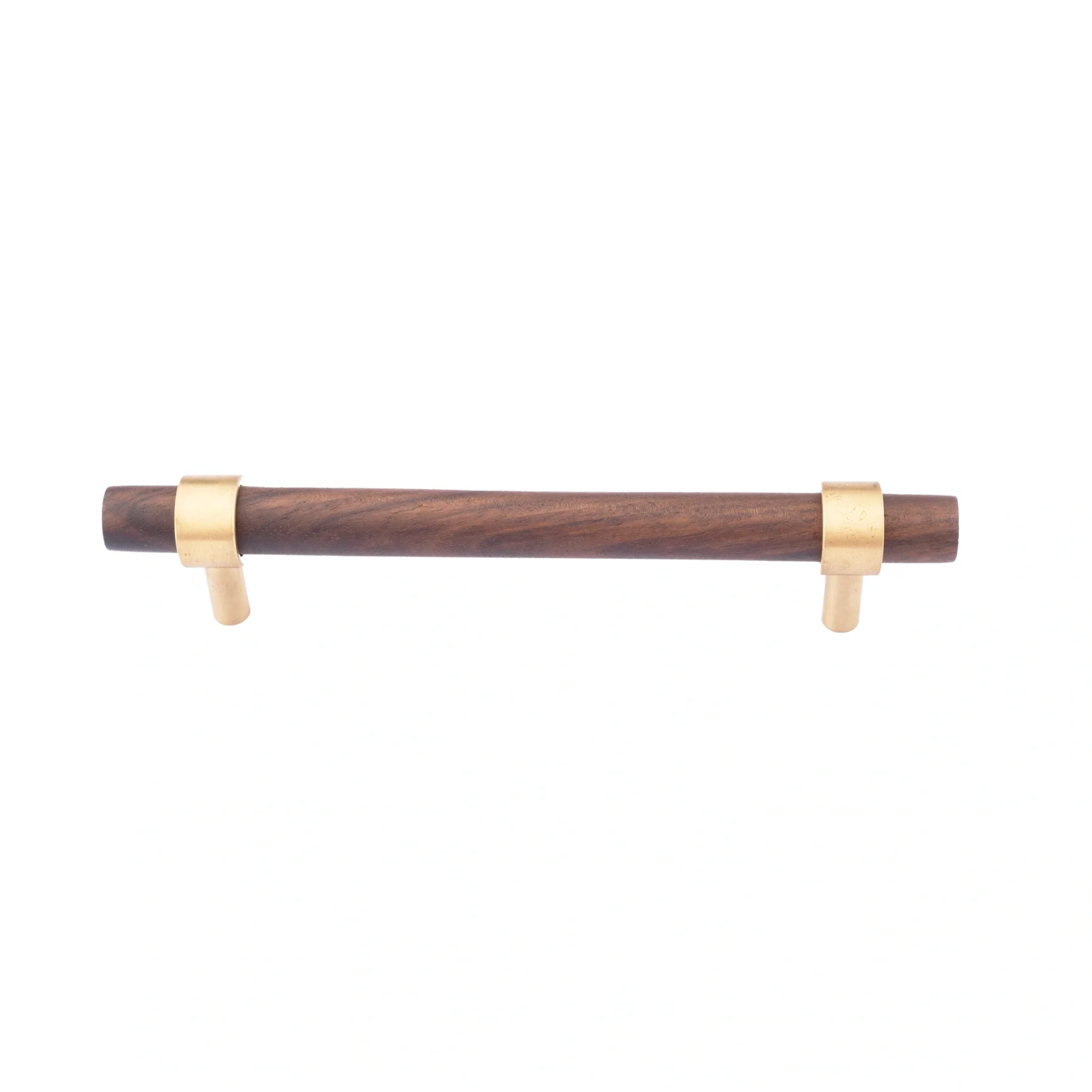 Walnut and brass T-bar handle from Brass Essence collection, showing a sleek wooden and metal hardware design.