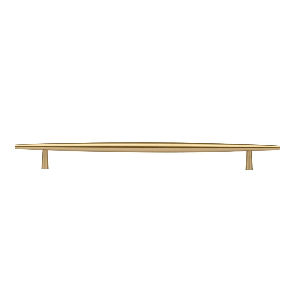 Brass essence tapered brass cabinet pull with spindle design, featuring a polished finish and ergonomic shape for easy grip.