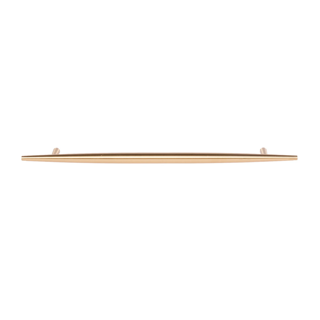 Brass Essence tapered brass cabinet pull with spindle design, featuring a sleek, polished finish for modern furniture hardware.