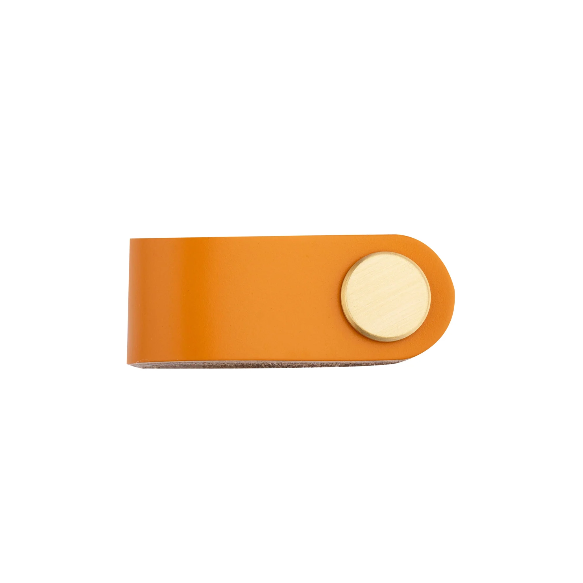 Brass Essence leather and brass strap cabinet pull with sleek design, featuring a leather strap handle and brass hardware.