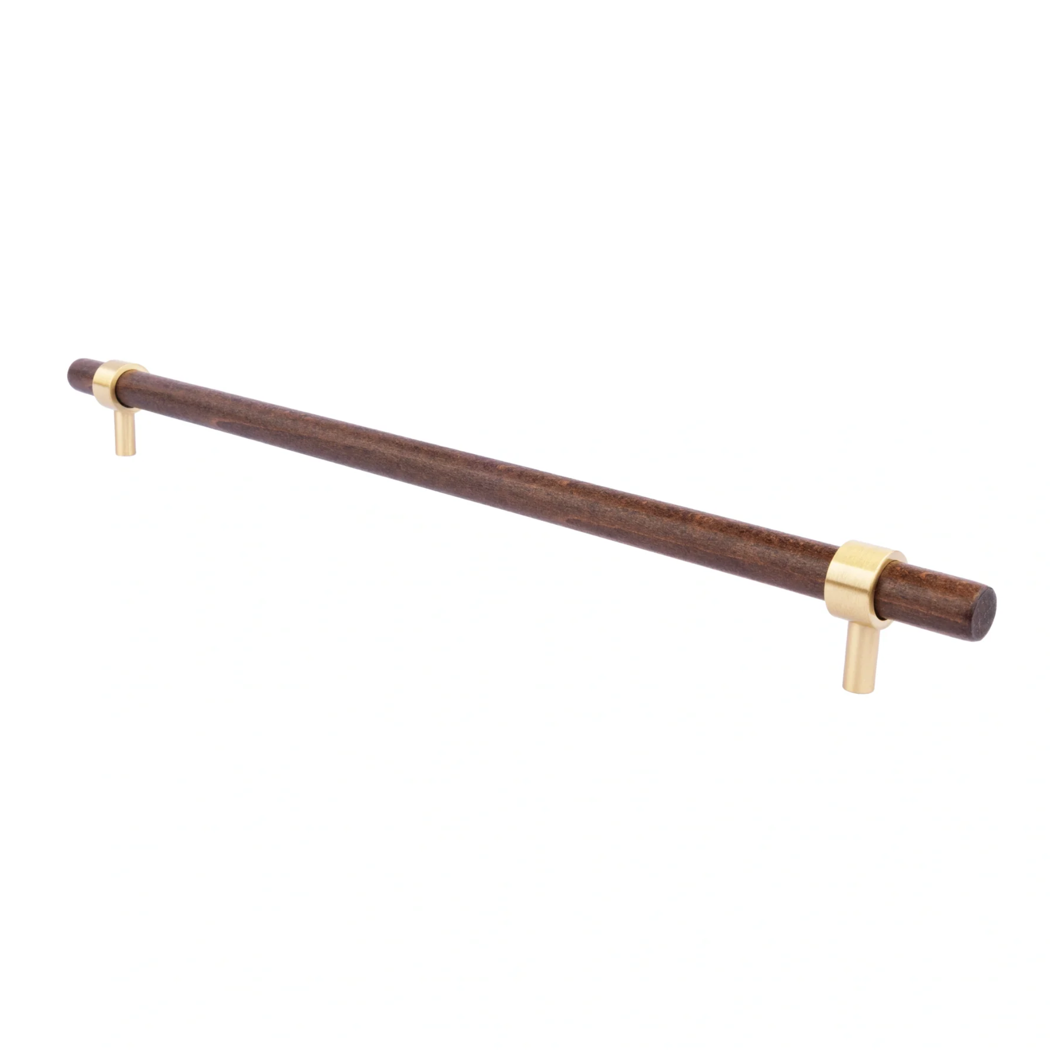 Brass Essence Walnut & Brass T-Bar Handle Collection featuring sleek wooden and brass handles for cabinetry or furniture.