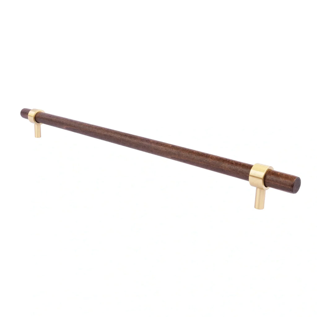Brass Essence Walnut & Brass T-Bar Handle Collection featuring sleek wooden and brass handles for cabinetry or furniture.