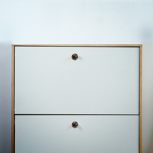 Brass Essence acrylic and brass disc cabinet knob with sleek round design, polished brass finish, and modern aesthetic.