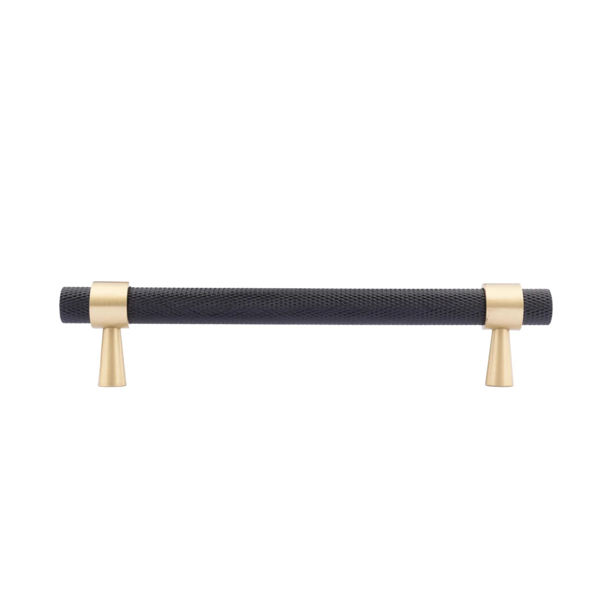 Black and gold knurled T-bar handle from Brass Essence collection, showcasing textured grip and sleek metal finish.