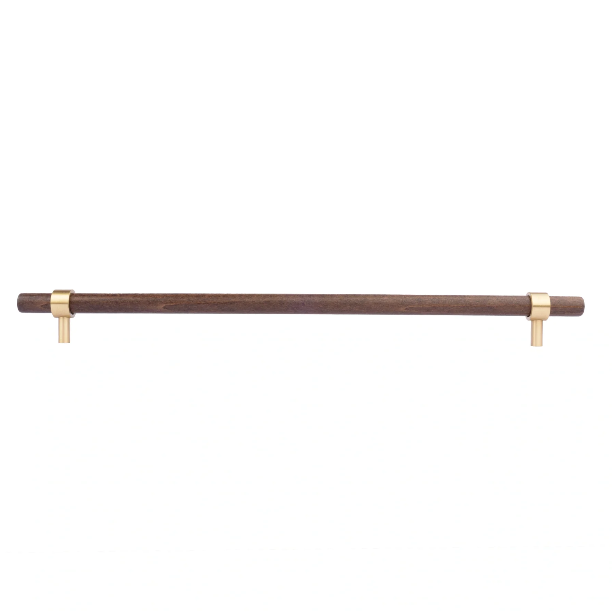 Brass Essence Walnut and brass T-Bar handle collection, showing close-up of sleek walnut wood and shiny brass T-bar handles.