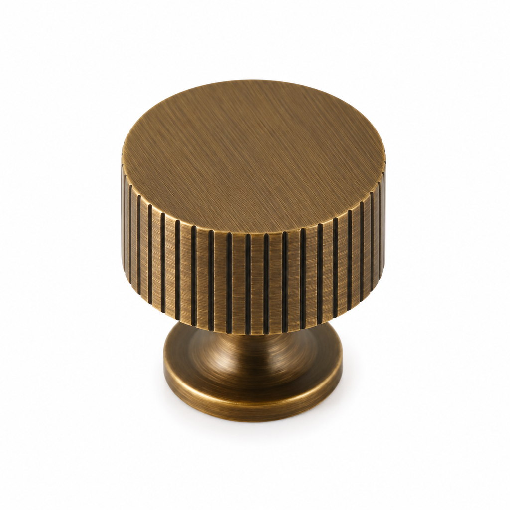 Linear Knurled Brass Cabinet Knob – product view – Brass Essence