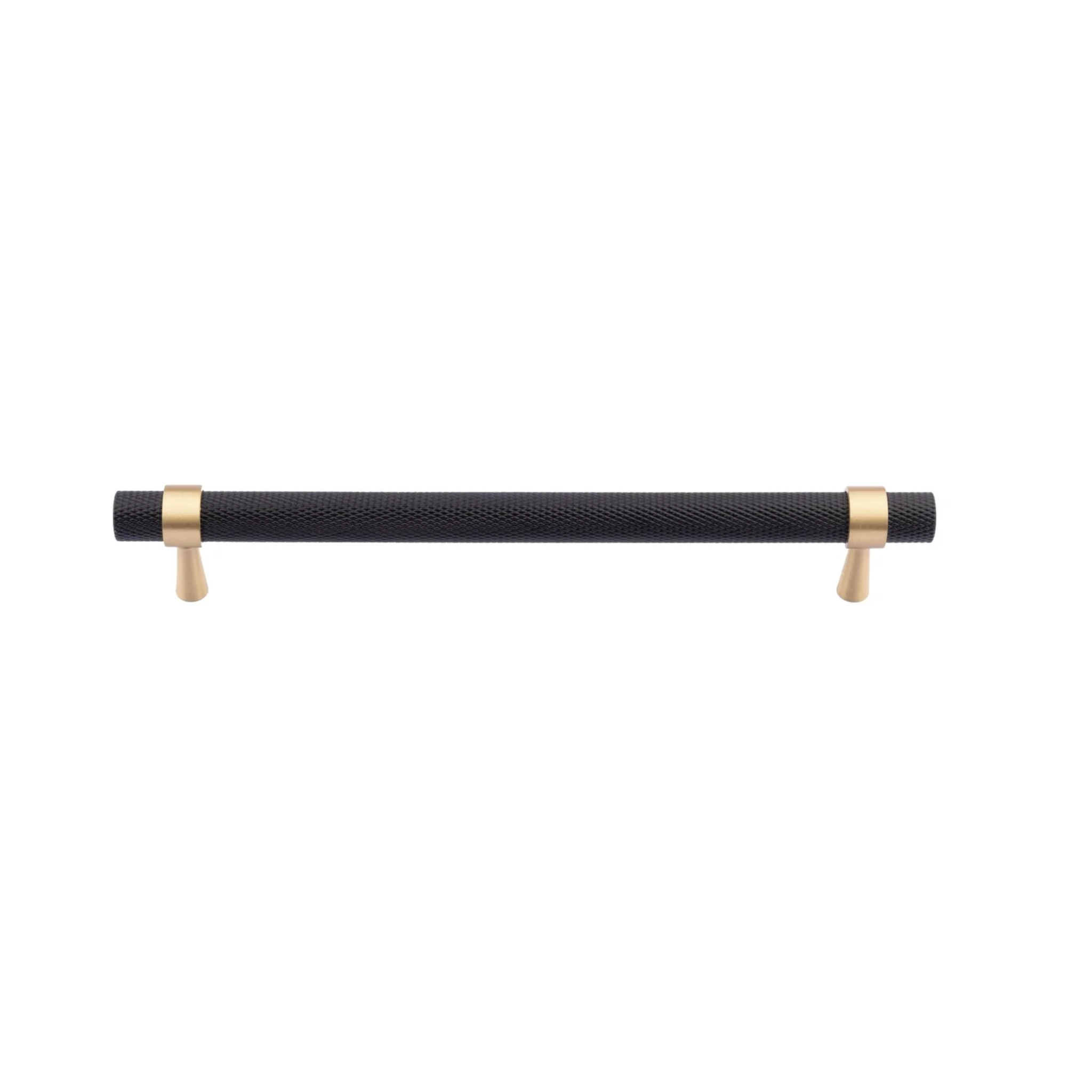 Brass Essence knurled black and gold T-Bar handle from the B-0064 collection, featuring a textured grip and stylish metallic finish.