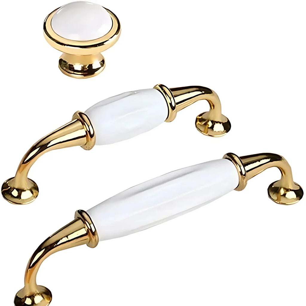 Élan White Ceramic & Gold Cabinet Handle | Luxury Cabinet Pull India