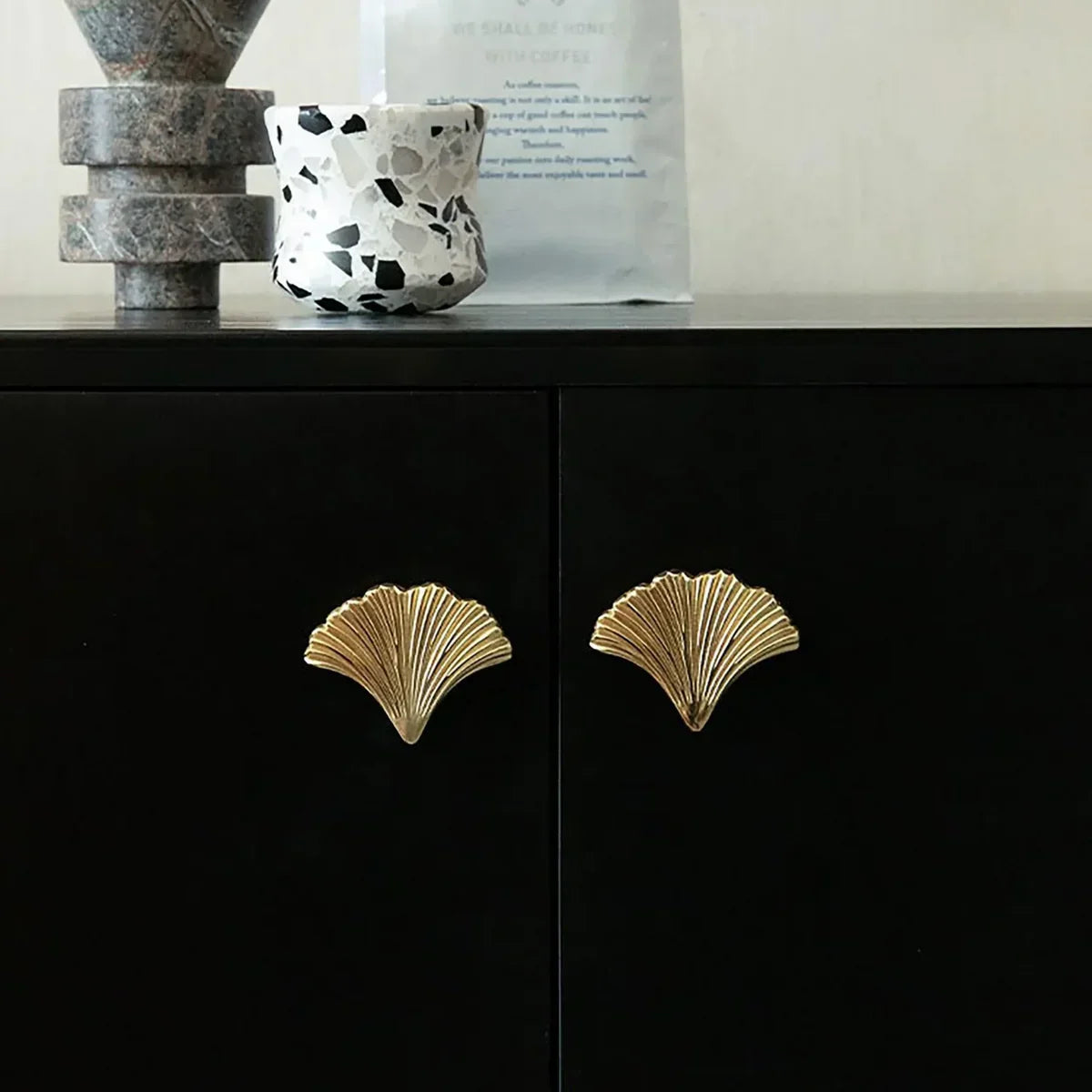 Glossy gold Ginkgo leaf solid brass cabinet knobs in 50 mm and 65 mm by Brass Essence