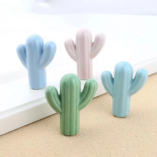 Brass Essence ceramic cactus cabinet knob with green and beige cactus design, ideal for kitchen or furniture drawers.