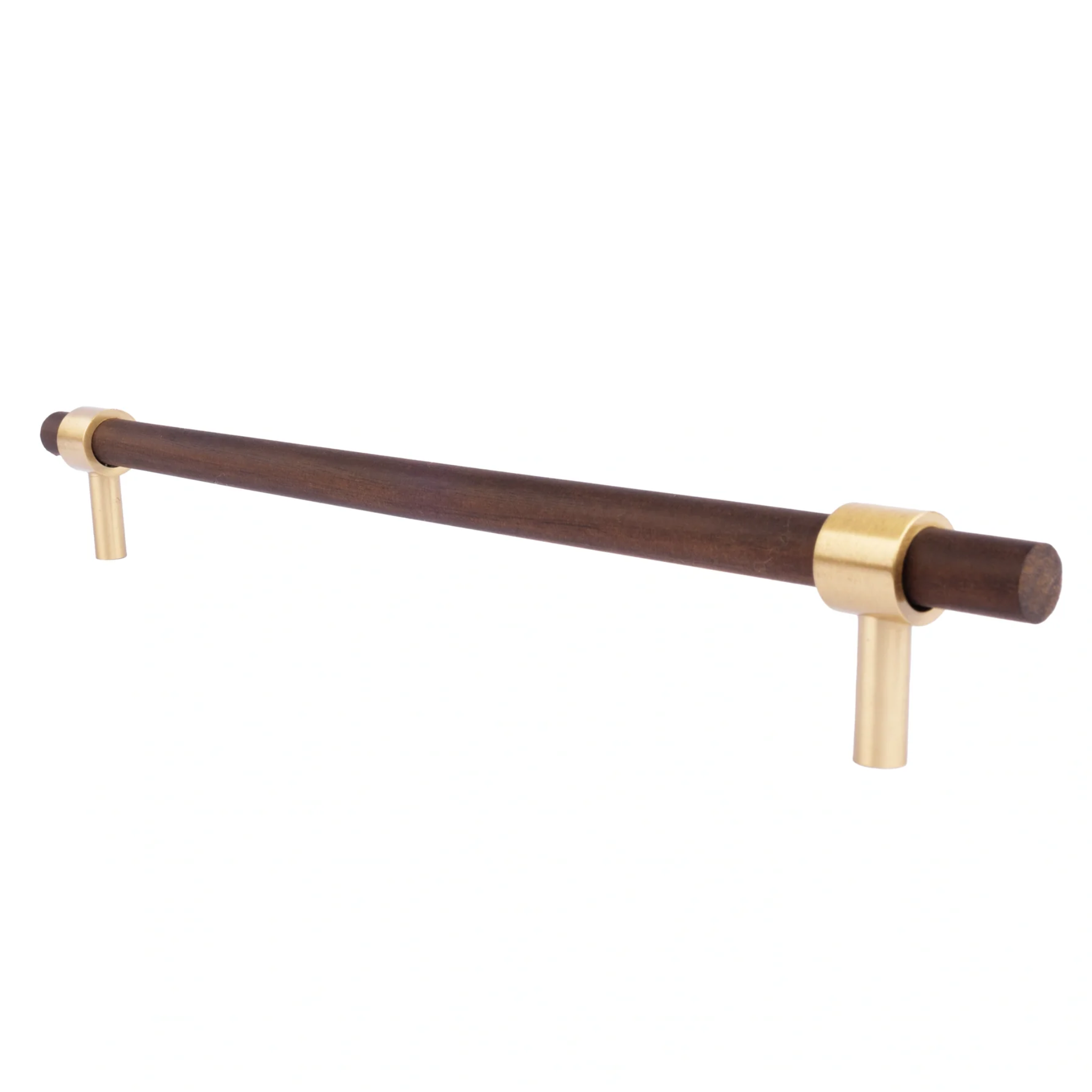 Walnut and brass T-bar handle from Brass Essence collection, showcasing a sleek wooden and metal hardware design.