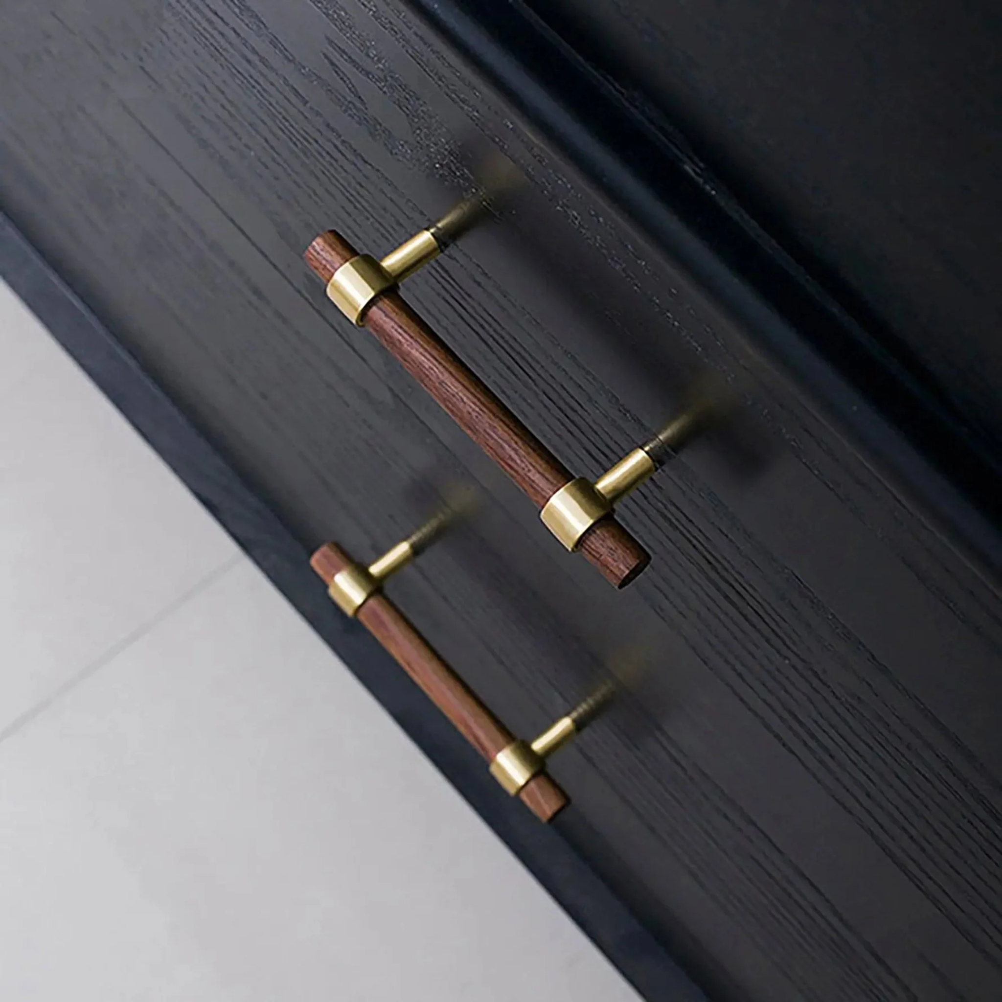 Brass essence Walnut and brass T-Bar handle collection featuring sleek wooden and brass handle designs for furniture.