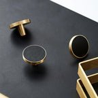 Brushed Brass & Leather Cabinet Knob – product view – Brass Essence