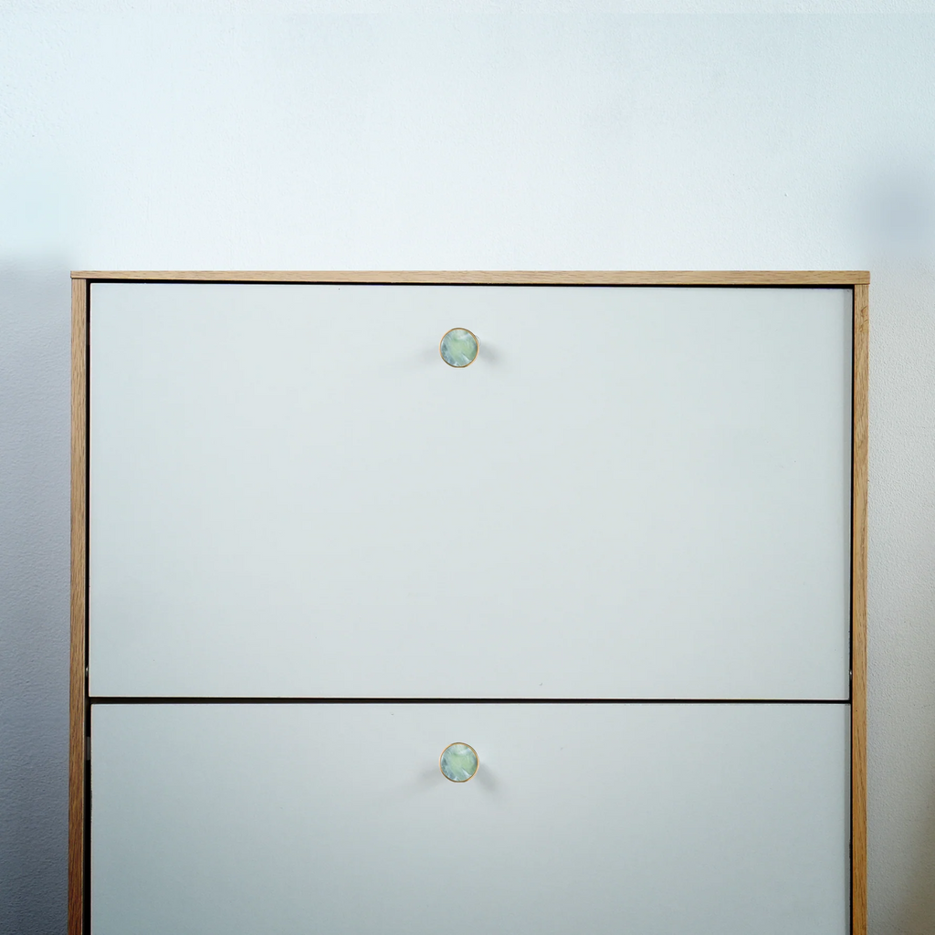 Acrylic and brass disc cabinet knob by Brass Essence, showing a sleek round design with a brass finish and clear acrylic surface.