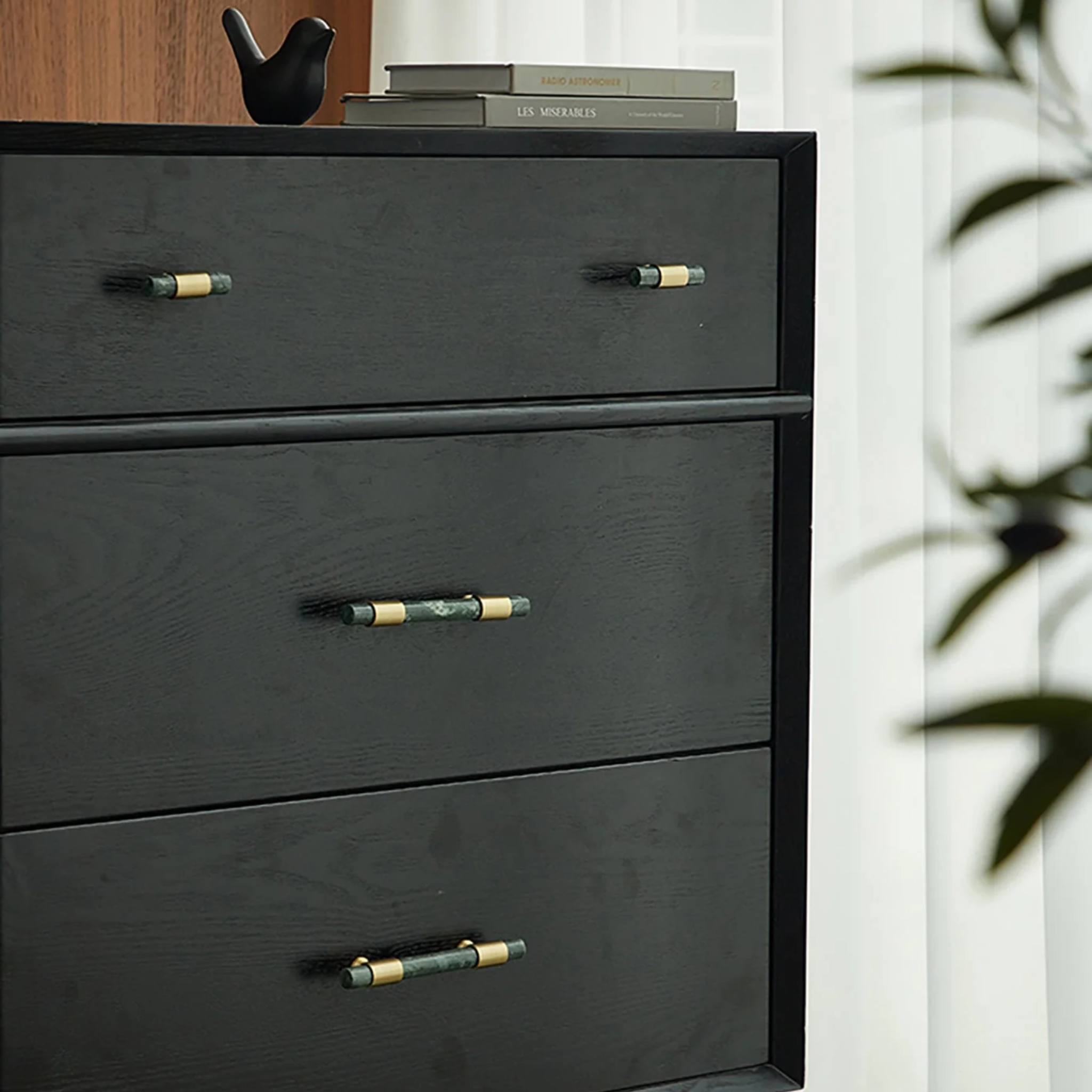 Karish marble and brass handles by Brass Essence with a brushed finish, featuring sleek, luxurious design for furniture or cabinetry.