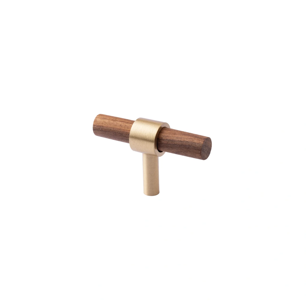 Brass Essence Walnut and Brass T-Bar Handle collection featuring sleek, modern handles with walnut wood and brass finish.
