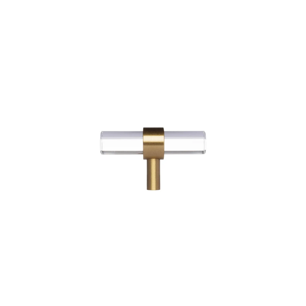 Clear acrylic and brass T-bar handle from Brass Essence collection, showcasing sleek, modern hardware with polished brass and transparent acrylic.