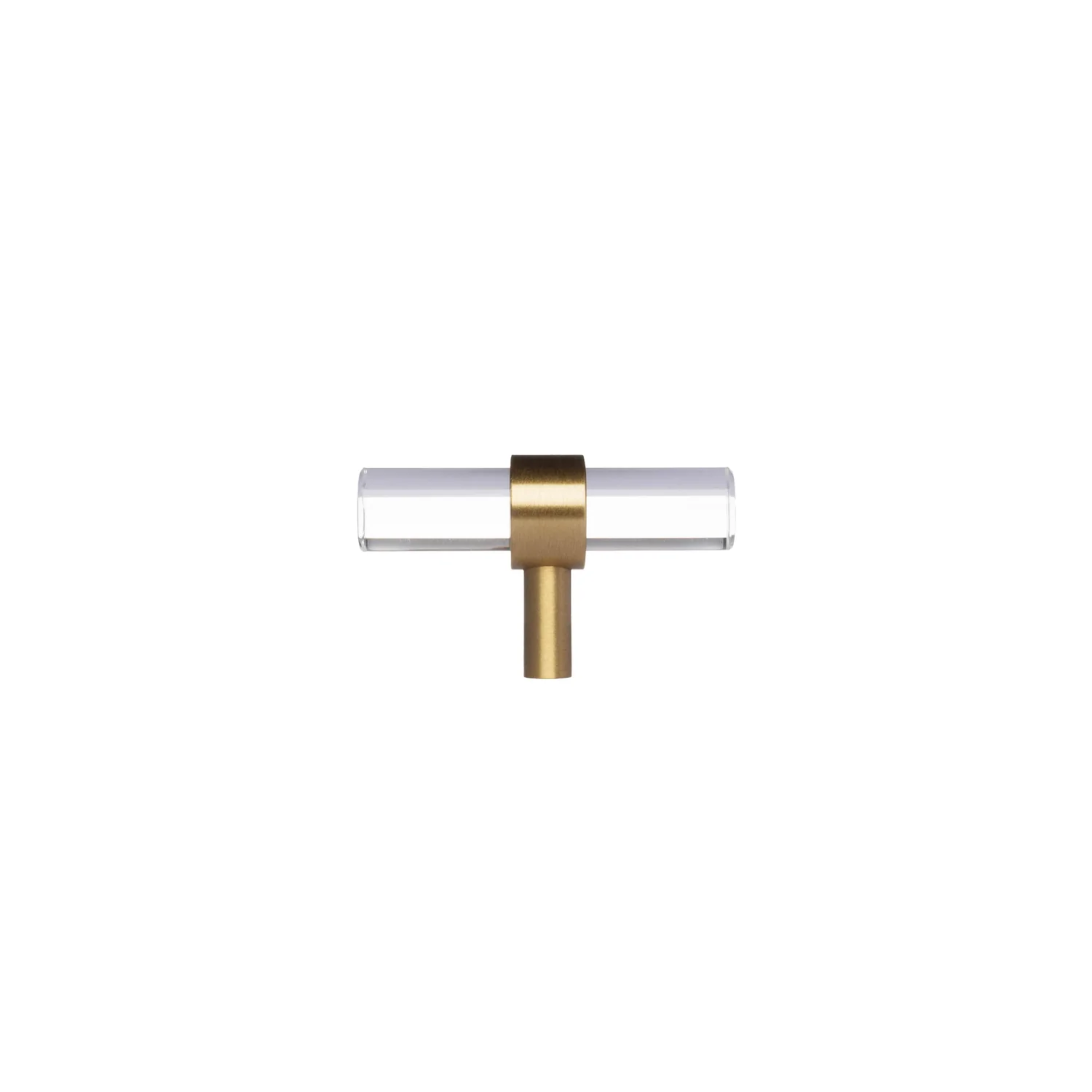 Clear acrylic and brass T-bar handle from Brass Essence collection, showcasing sleek, modern hardware with polished brass and transparent acrylic.