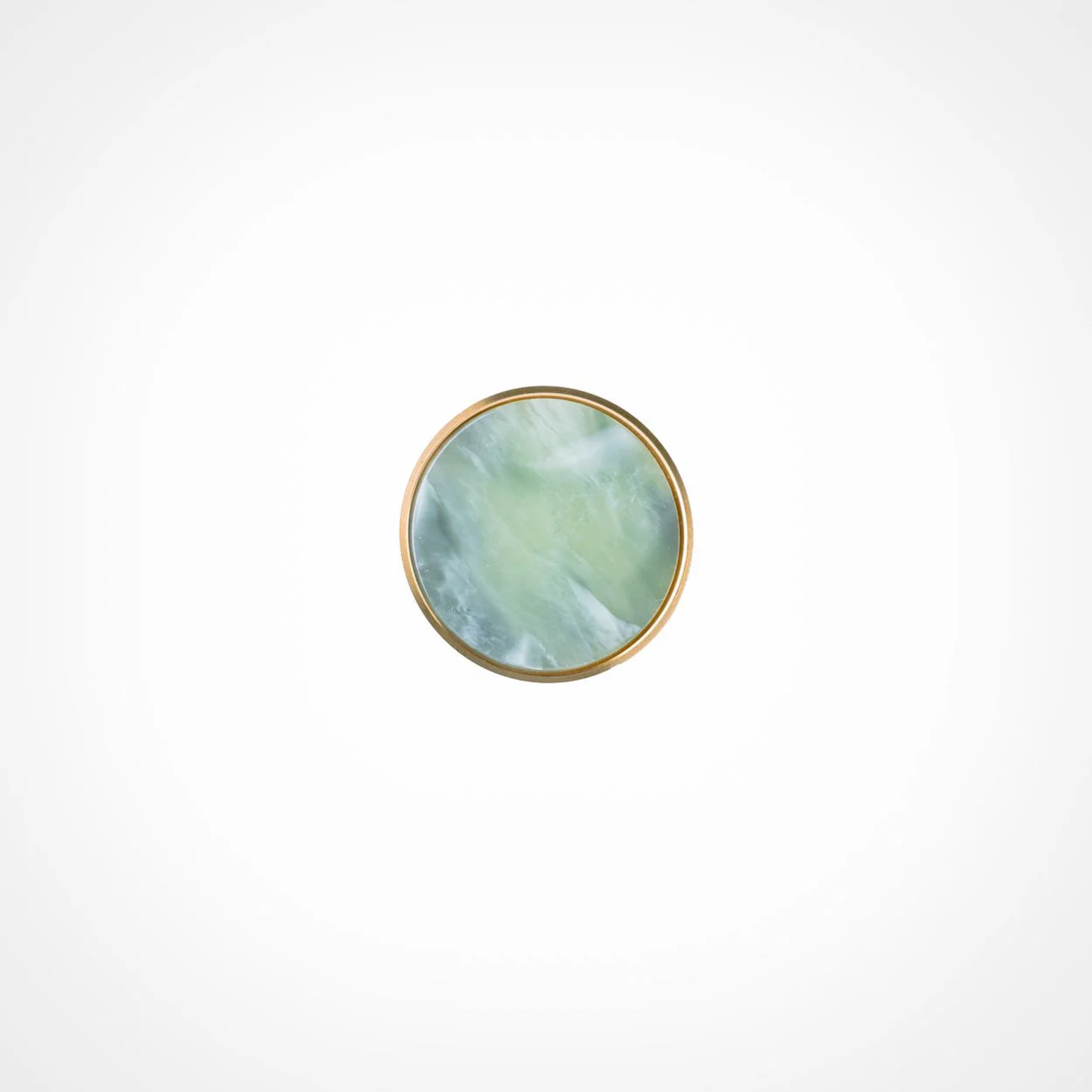 Acrylic and brass disc cabinet knob by Brass Essence, featuring a sleek round design with a shiny brass finish.