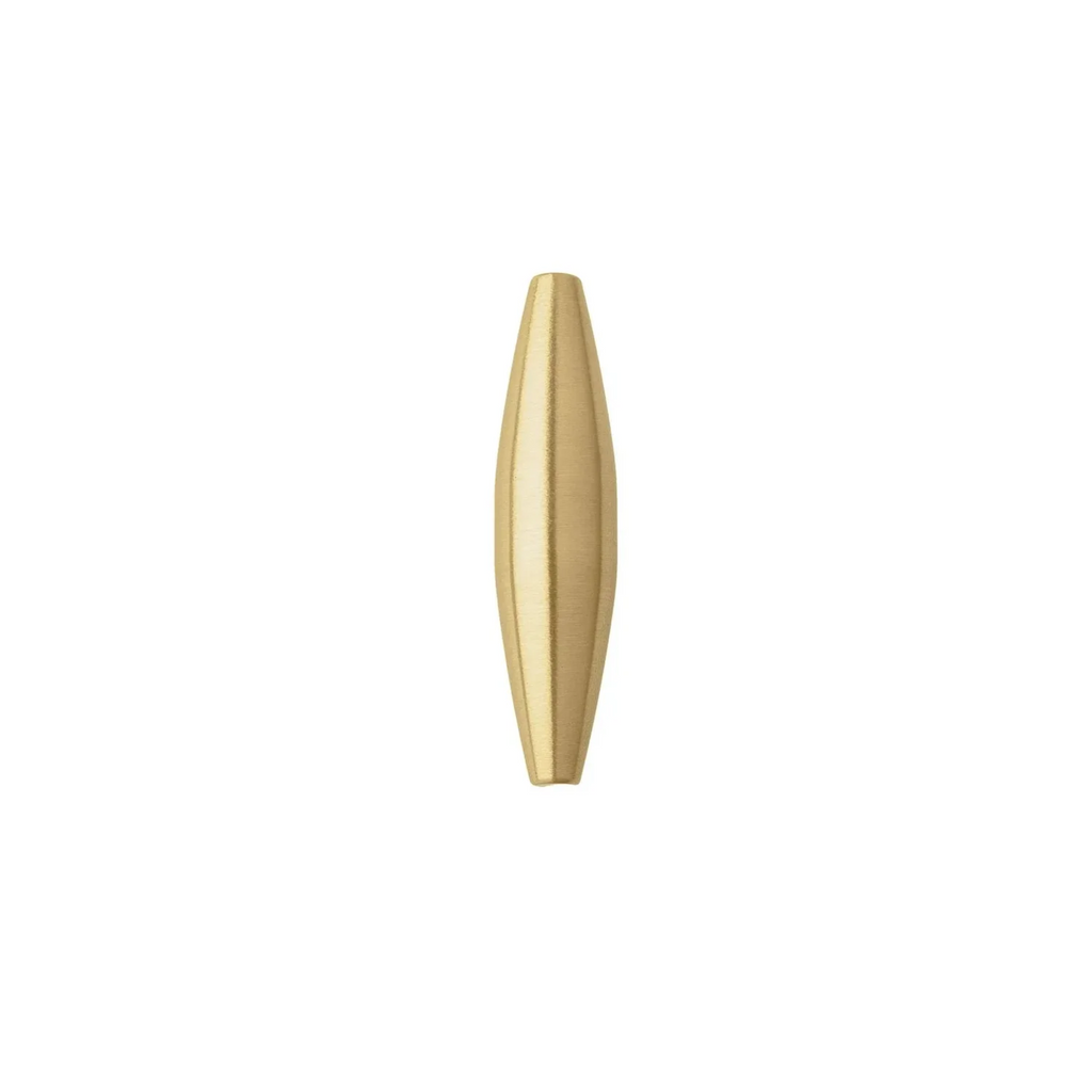Tapered brass cabinet pull with spindle design by Brass Essence, showcasing its sleek, polished finish and ergonomic shape.