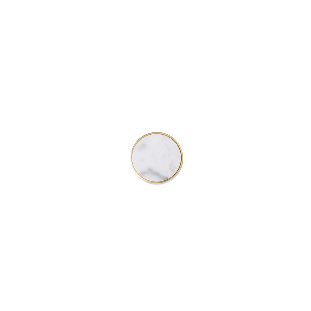 Mother of Pearl and brass round cabinet knob by Brass Essence, featuring a polished, elegant design suitable for furniture.