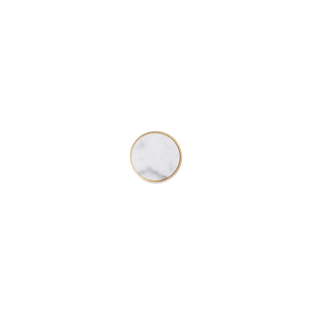 Mother of Pearl and brass round cabinet knob by Brass Essence, featuring a polished, elegant design suitable for furniture.