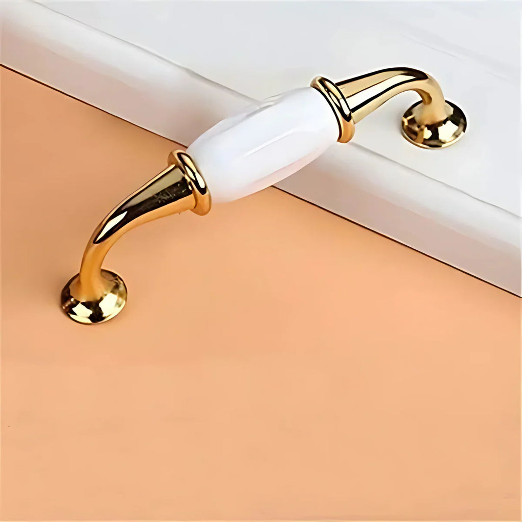 Élan White Ceramic & Gold Cabinet Handle | Luxury Cabinet Pull India