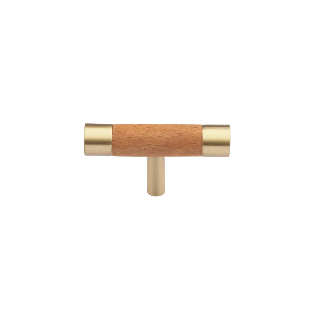 Brass Essence natural wood and brass T-Bar handle collection showing sleek handles with wooden and brass finishes.