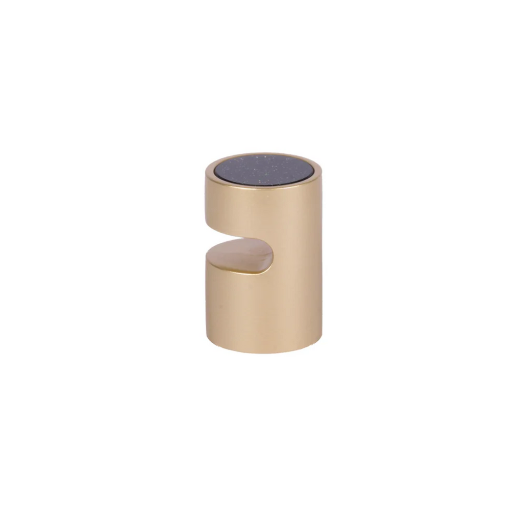 Brass Essence bifocal articulated zinc alloy cabinet pull with dual levels, mounted on a wooden cabinet surface.