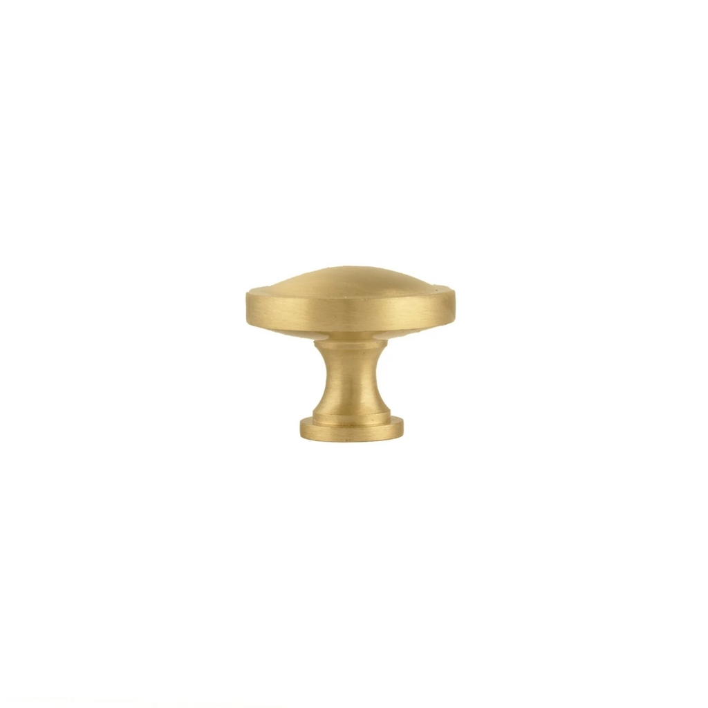 Brass Essence Krisha brushed brass round drawer knob with sleek finish, ideal for cabinets and furniture.