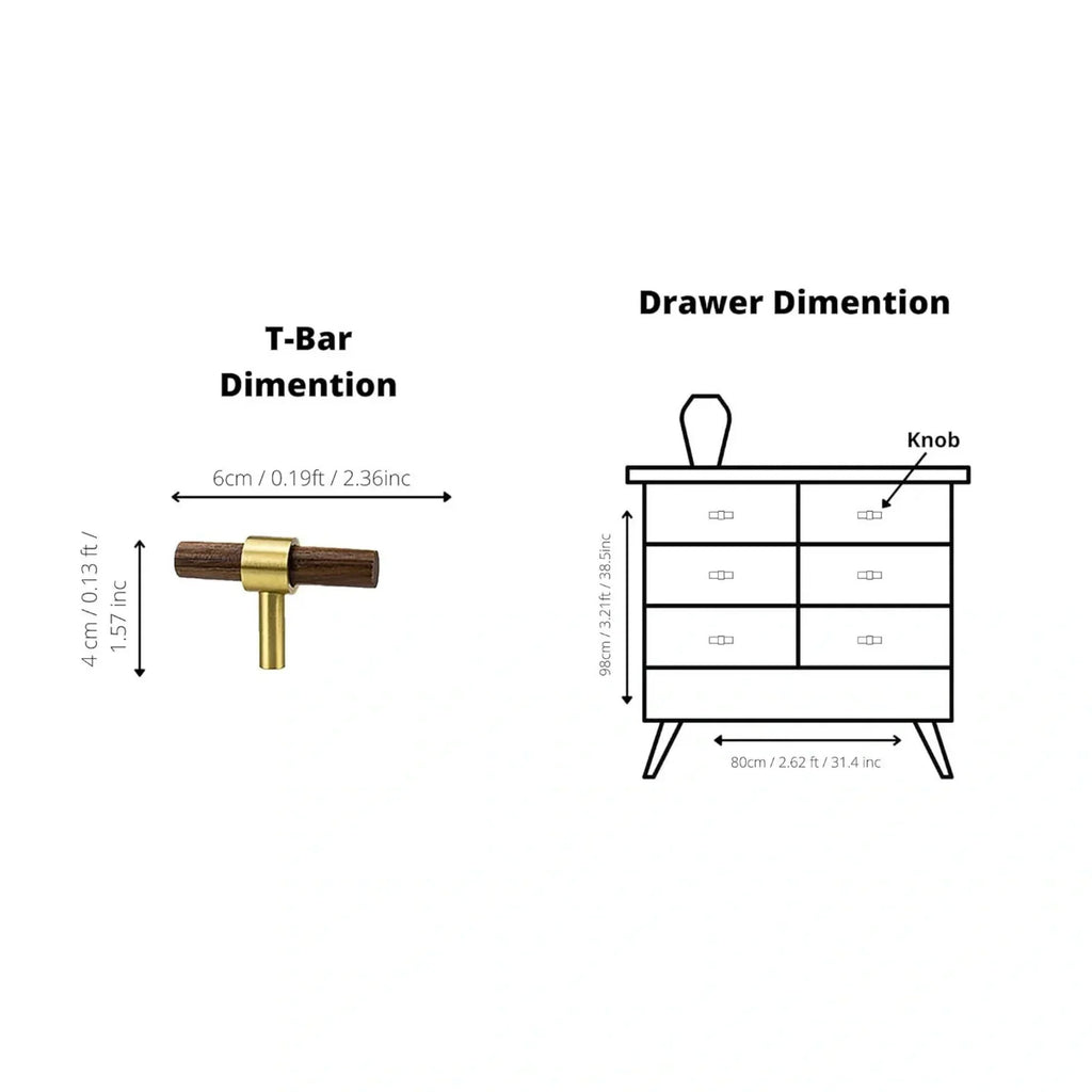 Brass Essence Walnut and brass T-Bar handle from collection W-0010, featuring a polished walnut finish and sleek brass T-Bar design.