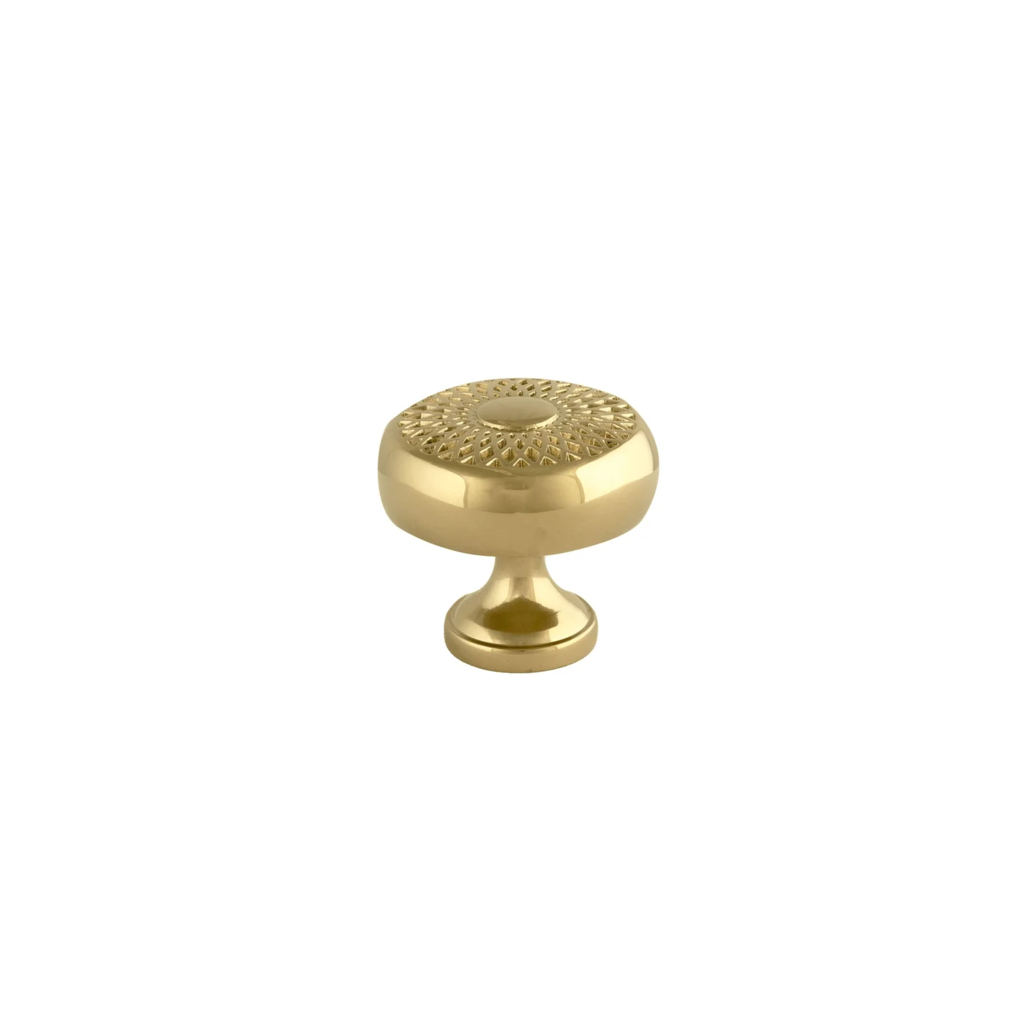 Polished brass lattice drawer knob by Brass Essence featuring intricate design, ideal for furniture handles and decorative hardware.
