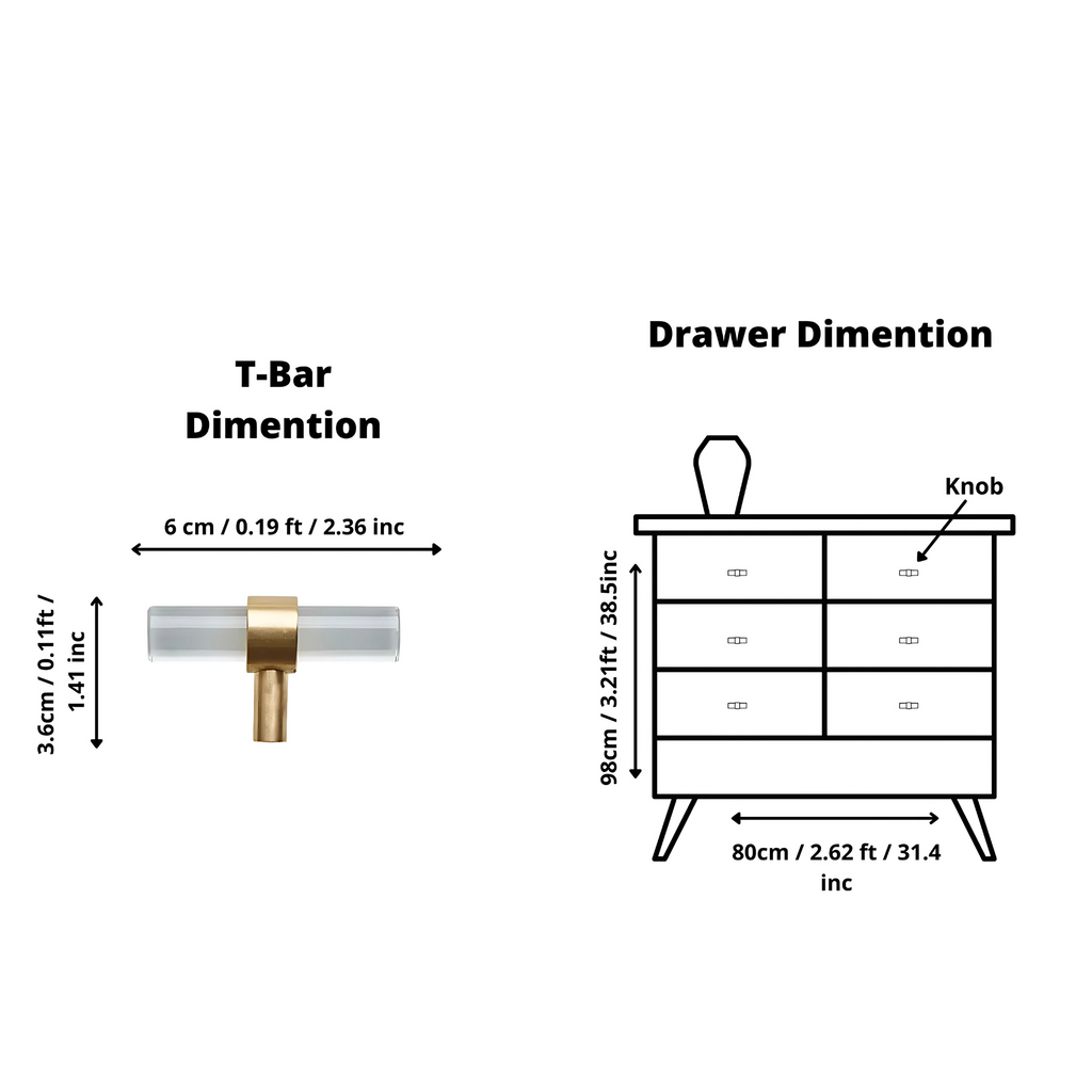 Brass Essence clear acrylic and brass T-bar handle collection, showcasing sleek modern hardware for furniture or cabinetry.