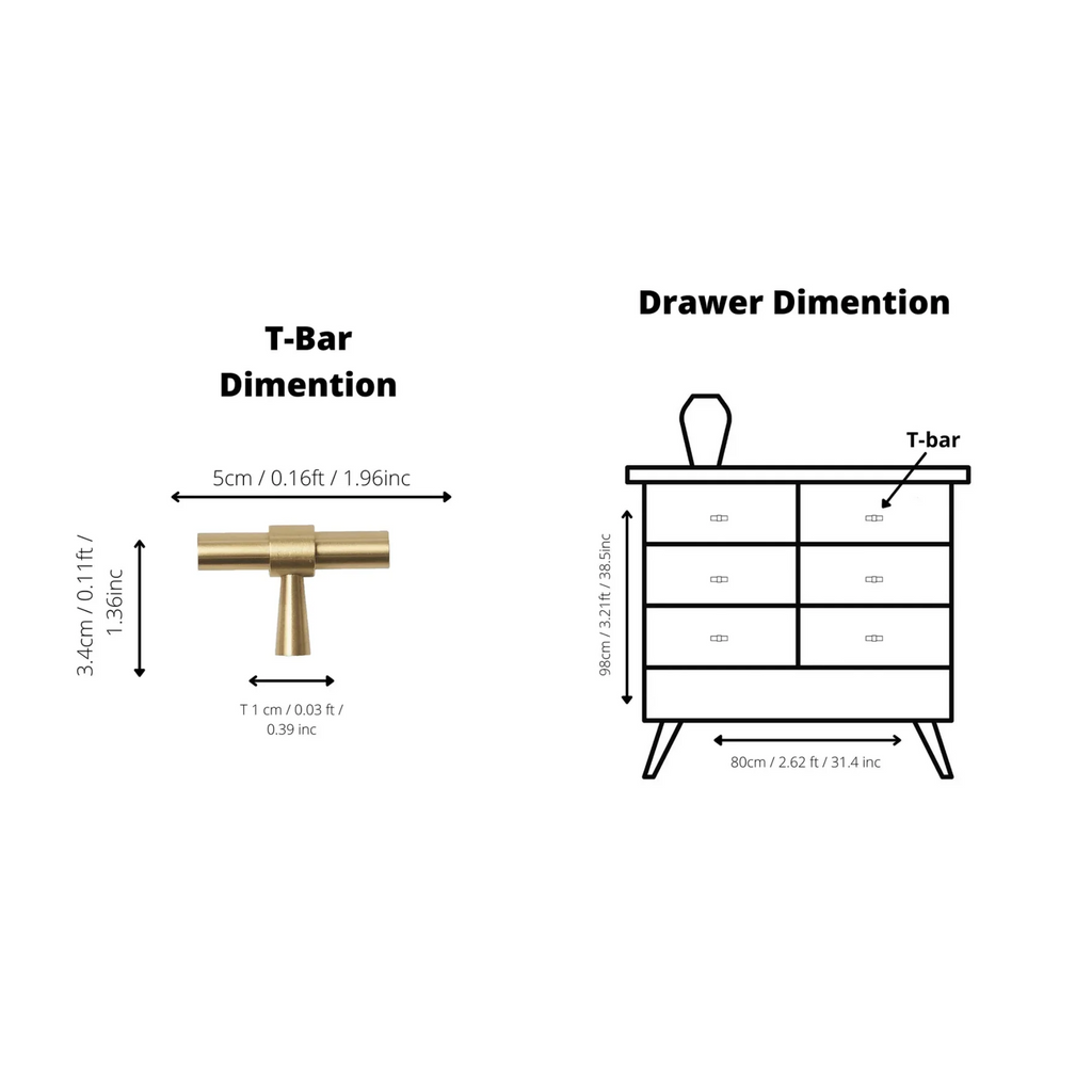 Brass Essence Naveena solid brass T-bar handle from the collection, featuring a sleek, polished finish for furniture or cabinetry.