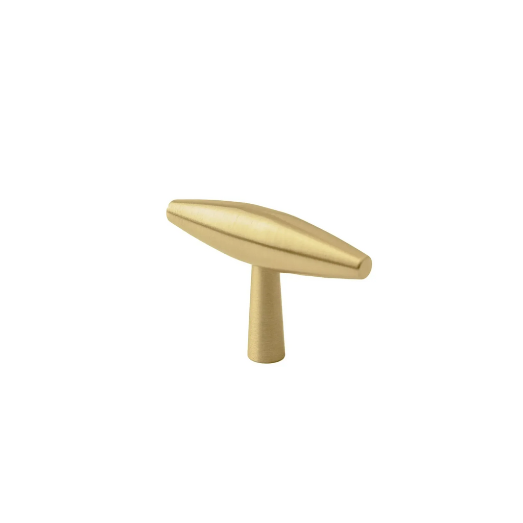 Brass Essence tapered brass cabinet pull with spindle design, ideal for furniture or cabinetry hardware.