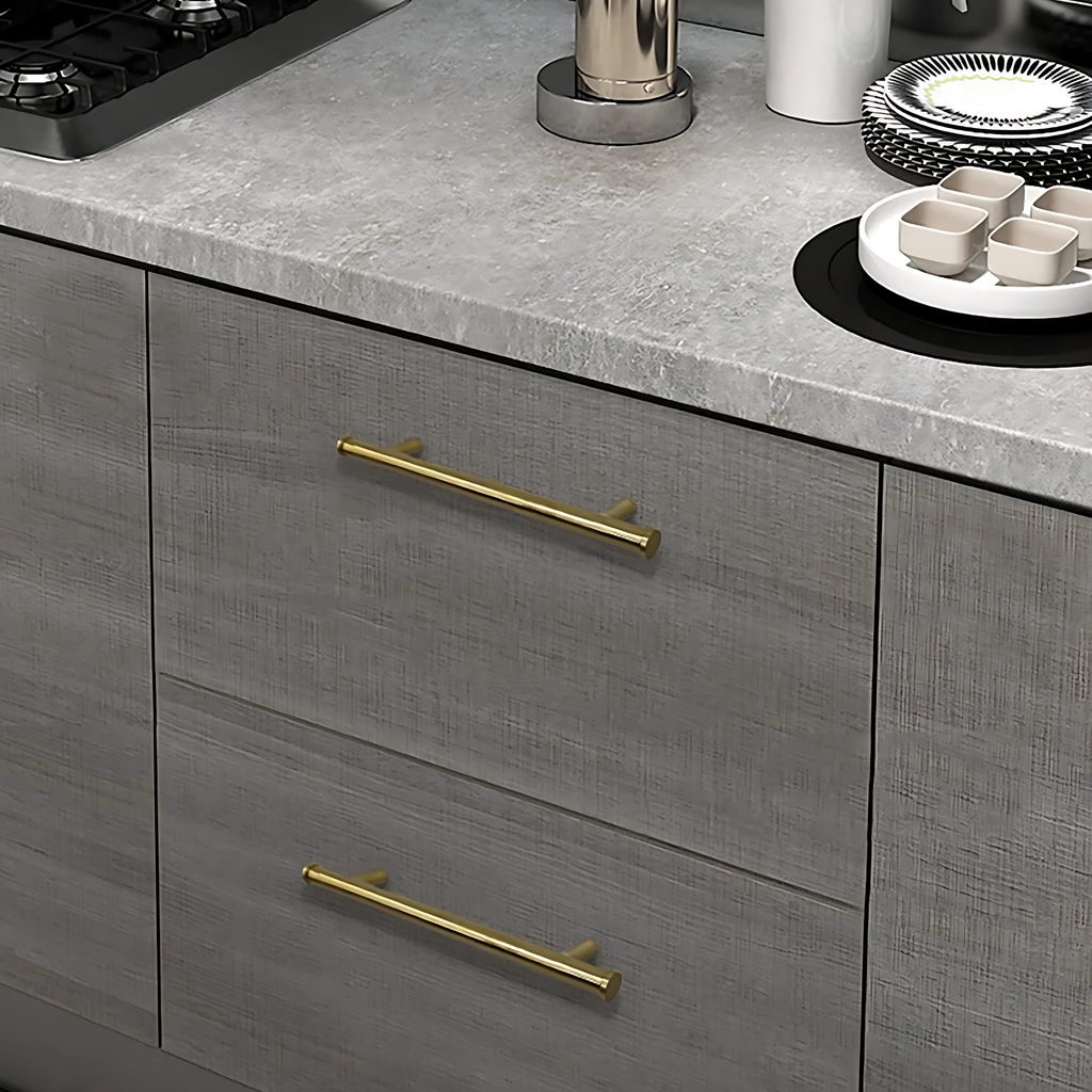 Solid brass Euro Bar cabinet pull from Brass Essence, featuring a sleek, polished finish and modern design for furniture hardware.