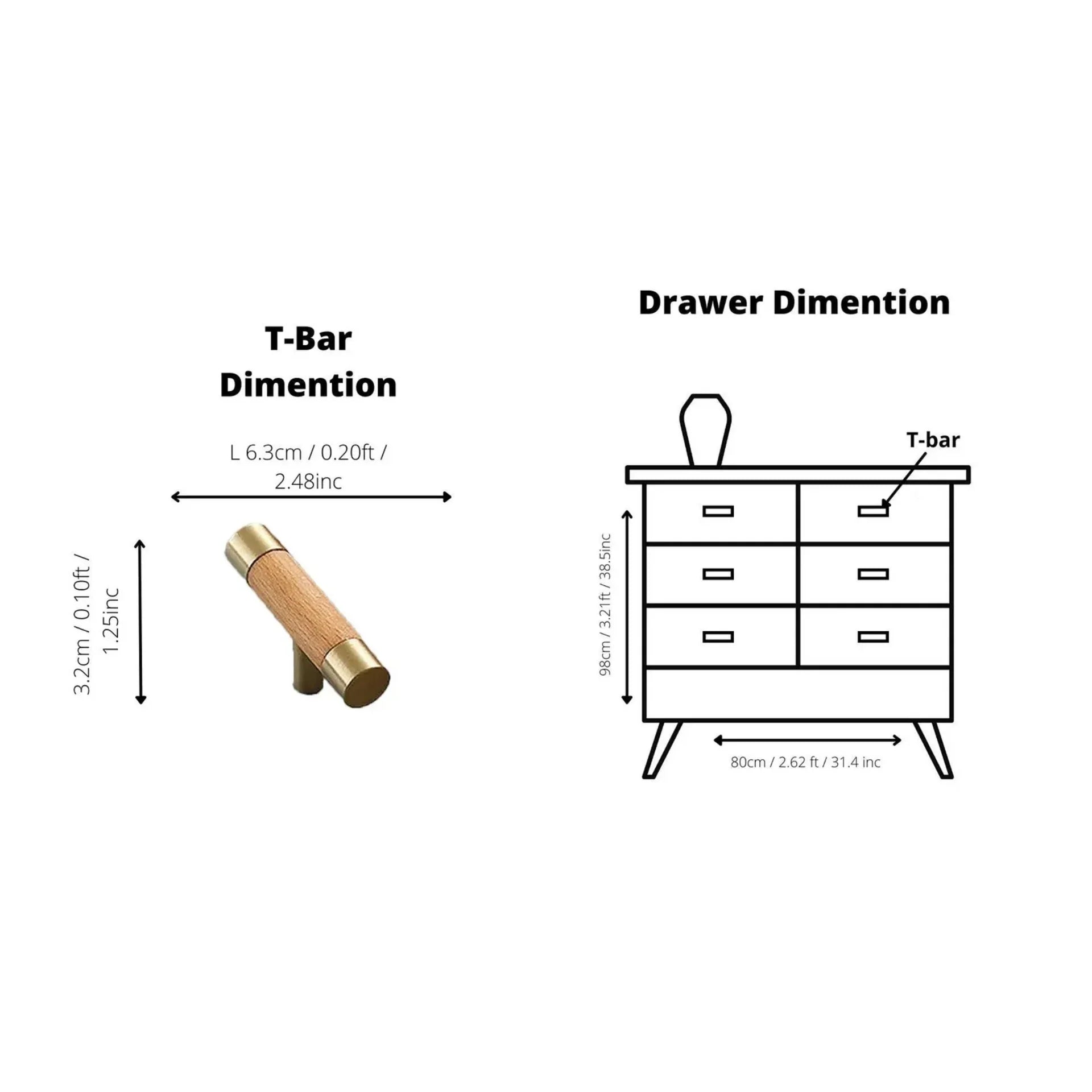 Natural wood and brass T-bar handle from Brass Essence collection, showing close-up of sleek, modern hardware on a furniture piece.
