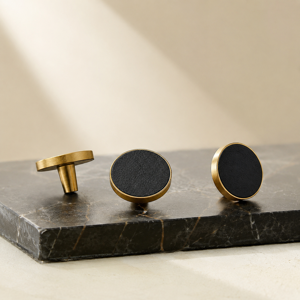 Brushed Brass & Leather Cabinet Knob | Luxury Leather Knob