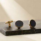 Brushed Brass & Leather Cabinet Knob – product view – Brass Essence