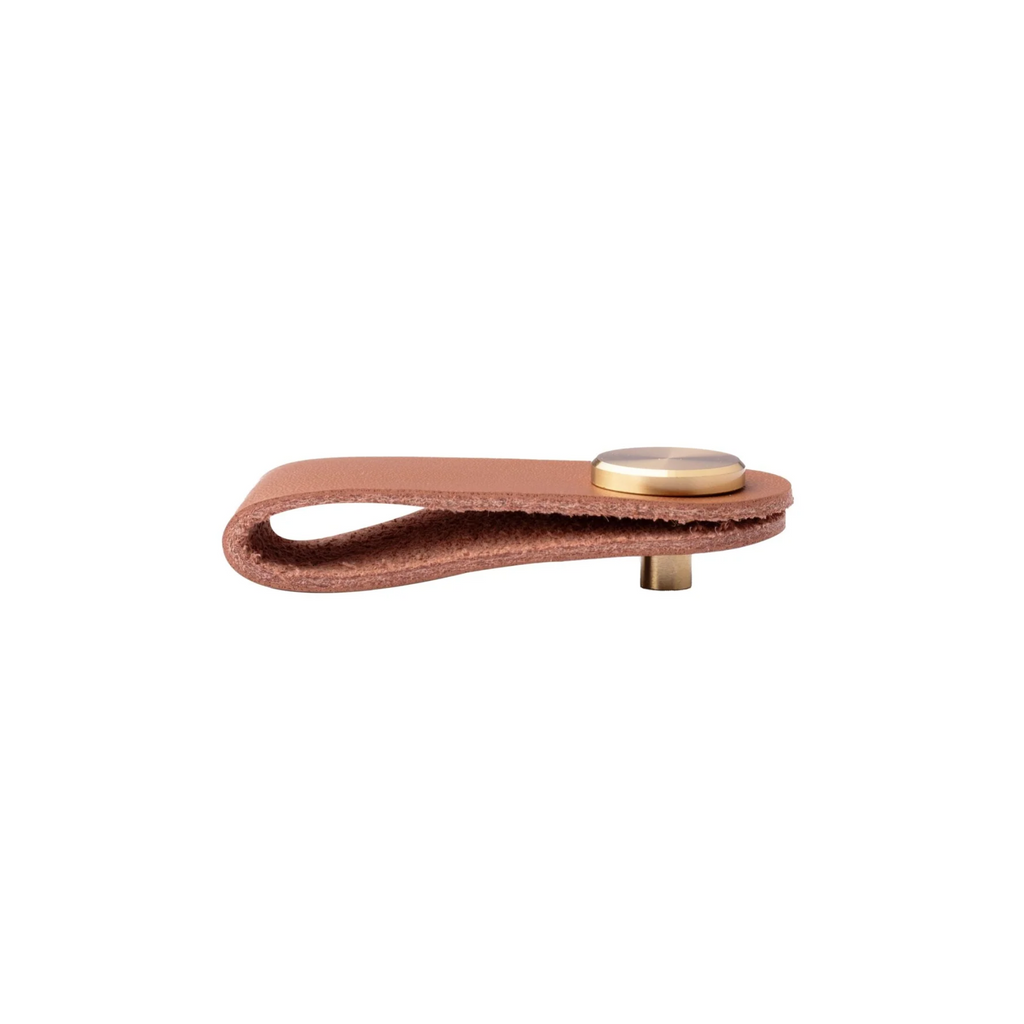 Brass Essence Leather and Brass Strap Cabinet Pulls with black leather strap and brass hardware, ideal for furniture handles.