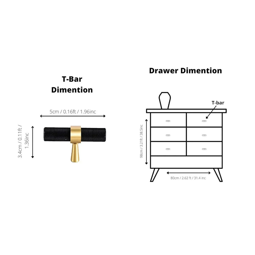 Knurled Black & Gold T-Bar Handle Collection | Brass Cabinet Handles