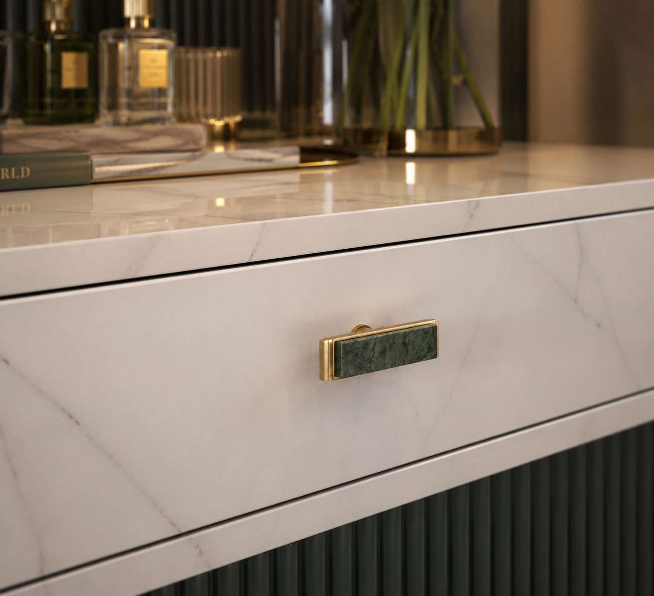 Fuji White Marble & Brass Handle | Luxury Cabinet Handle India