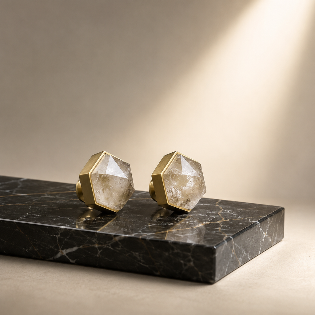 Natural Crystal Hexagon Brass Cabinet Knob | Luxury Crystal Knob
