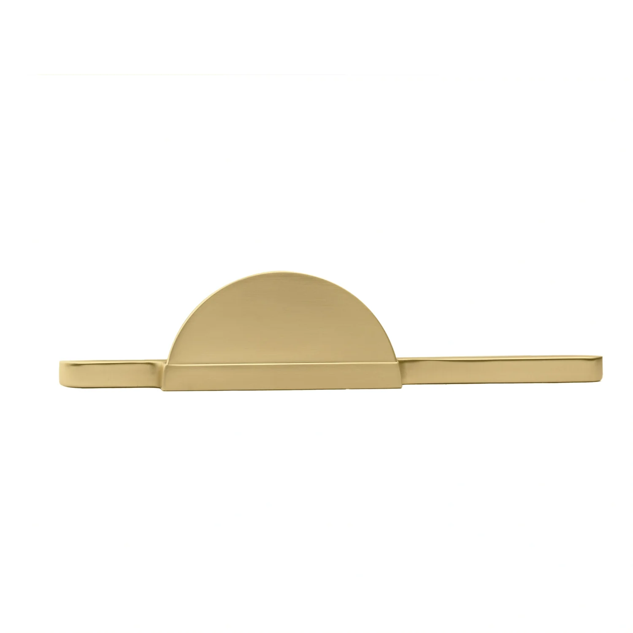 Brass Essence Hemi Cycle Zinc Half-Circle Pull handle with a shiny zinc finish, mounted on a wooden surface.