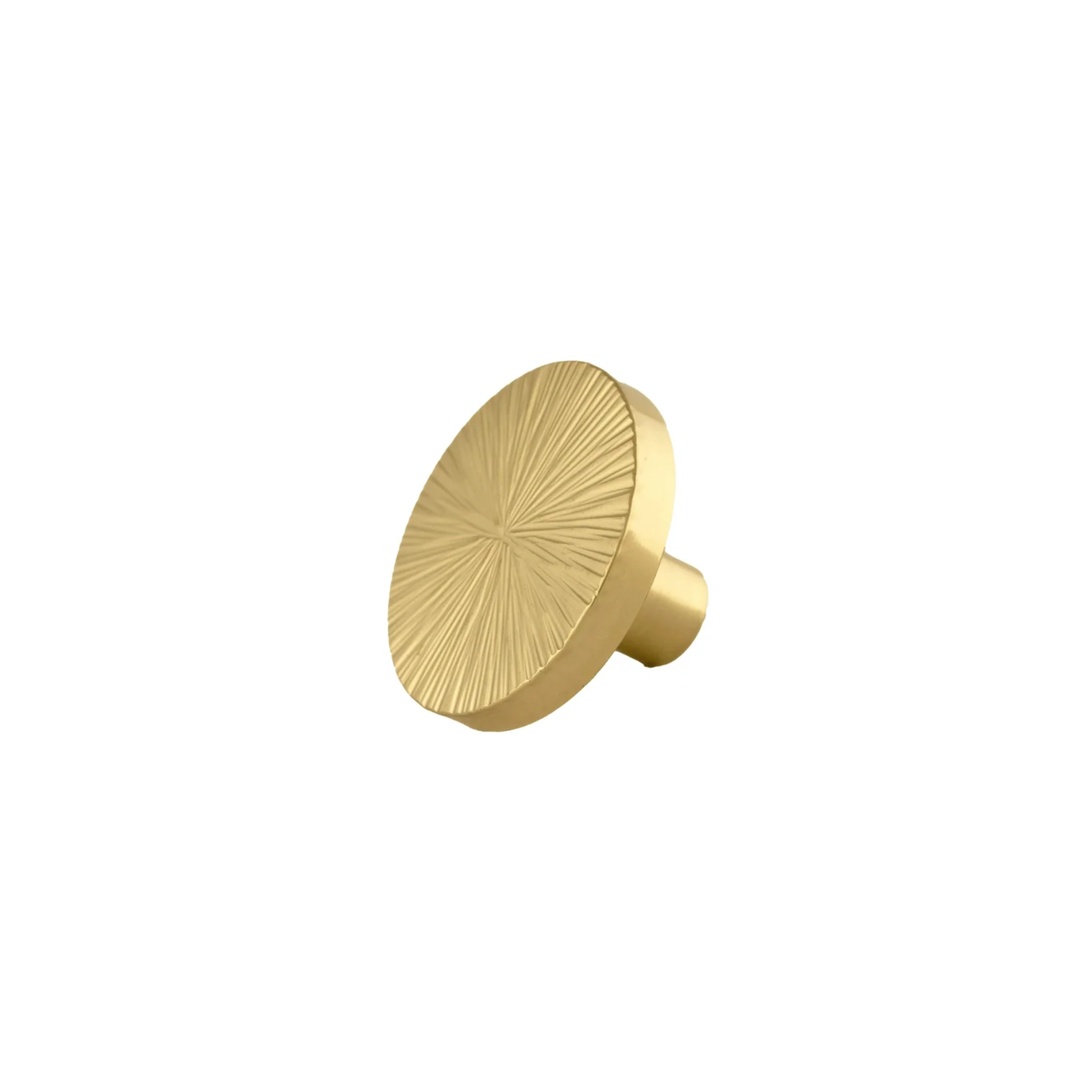 Hammered Sunburst Brass Cabinet Knob by Brass Essence, close-up view showing textured finish and round shape for furniture hardware.